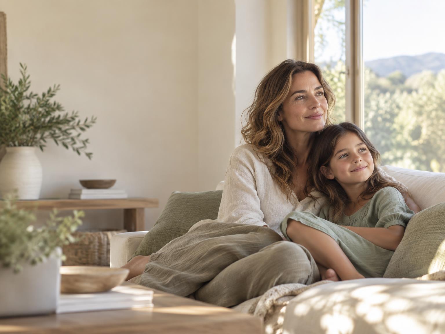 Mother and daughter relaxing together in a warm, sunlit home